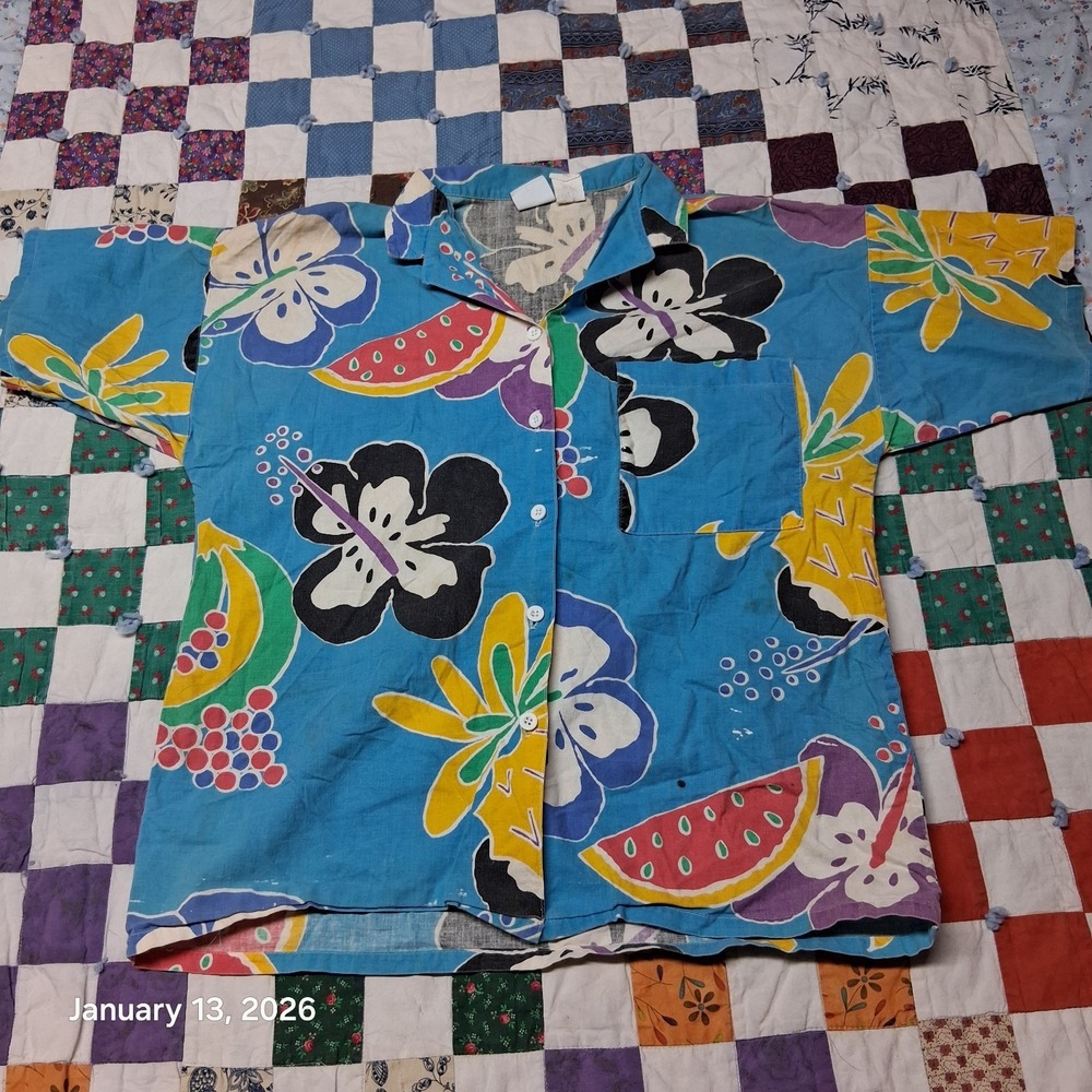 * Vintage Palmettos‎ Tropical Button Up Shirt Womens Size Large Blue 90s 80s